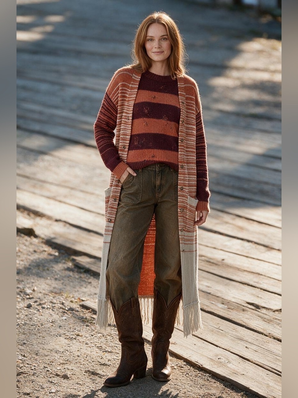 Slowlove Long Fringe Knit Duster Cardigan Stripe Sweater Rust Orange Fringe Boho